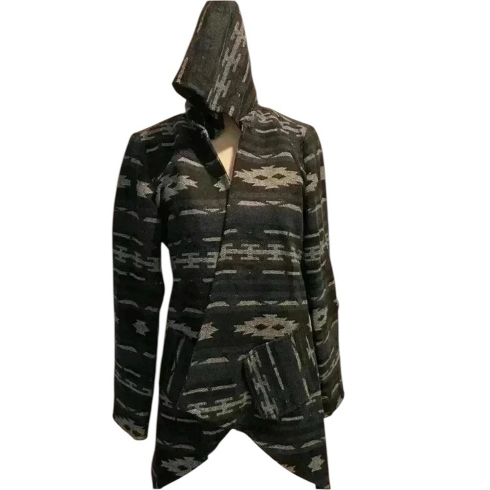 Tulle Anthropologie Womens Aztec Hooded Wrap Coat Wool Blend Pocket Gray S/M